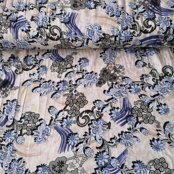 Krem Zemin Mavi Çiçekli Viskon Kumaş