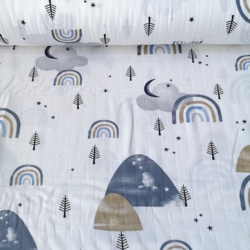 Büyük Gök Kuşağı Ve Ağaçlar Müslin Bezi İndigo