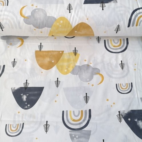 Büyük Gök Kuşağı Ve Ağaçlar Poplin Kumaş Hardal