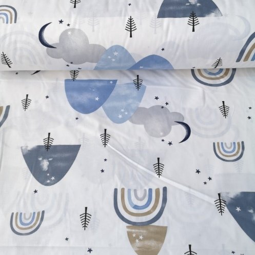 Büyük Gök Kuşağı Ve Ağaçlar Poplin Kumaş İndigo