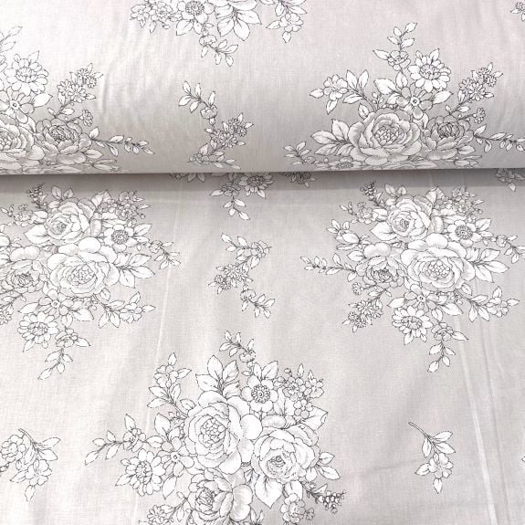 Pastel Zeminli Gül Buketi Poplin Kumaş Gri