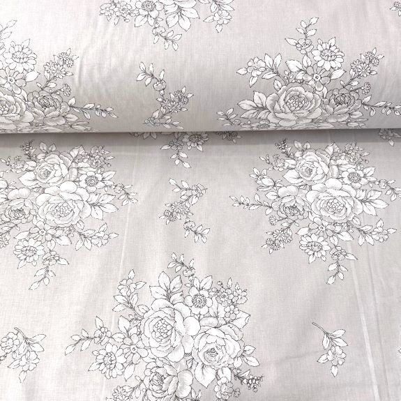 Pastel Zeminli Gül Buketi Poplin Kumaş Gri