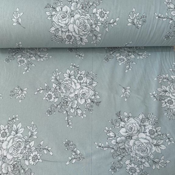 Pastel Zeminli Gül Buketi Poplin Kumaş Mint