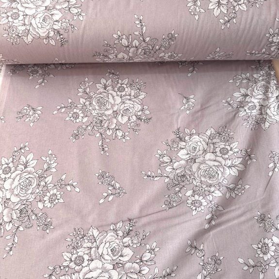 Pastel Zeminli Gül Buketi Poplin Kumaş Leylak
