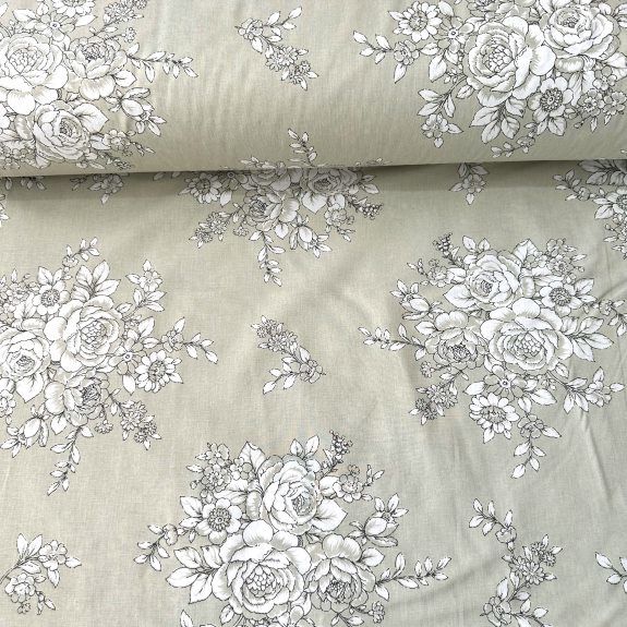 Pastel Zeminli Gül Buketi Poplin Kumaş Nil Yeşili