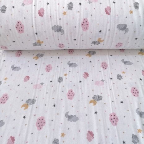 Minik Bulut Ve Yıldızlar Pazen Kumaş Pembe