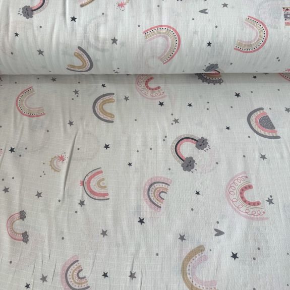 Gök Kuşağı Ve Yıldızlar Müslin Bezi Pembe