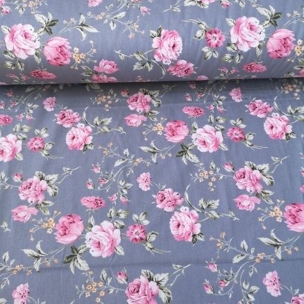 Koyu Zeminli Güllü Poplin Kumaş Gri