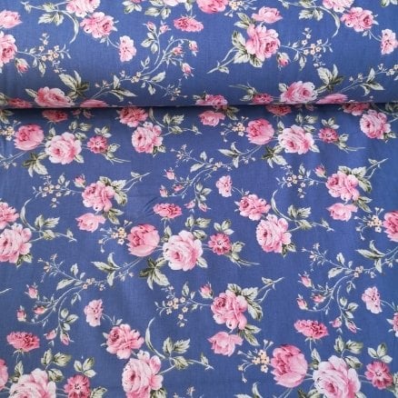 Koyu Zeminli Güllü Poplin Kumaş Mavi