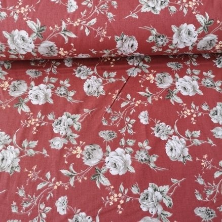 Koyu Zeminli Güllü Poplin Kumaş Kiremit