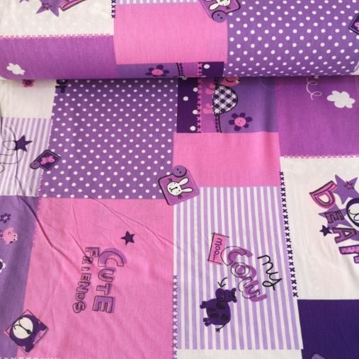 Mor Bisikletli Tavşan Poplin Kumaş