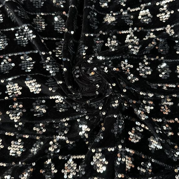 Fatima Gümüş Pullu Kadife Kumaş