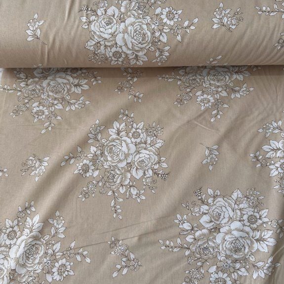 Pastel Zeminli Gül Buketi Poplin Kumaş Bej