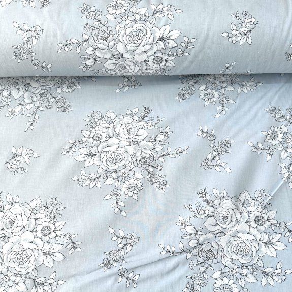 Pastel Zeminli Gül Buketi Poplin Kumaş Mavi