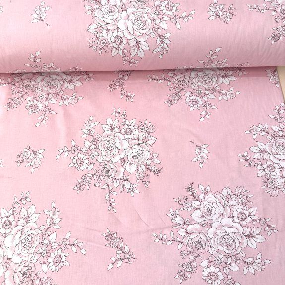 Pastel Zeminli Gül Buketi Poplin Kumaş Pembe