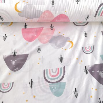 Büyük Gök Kuşağı Ve Ağaçlar Poplin Kumaş Pembe