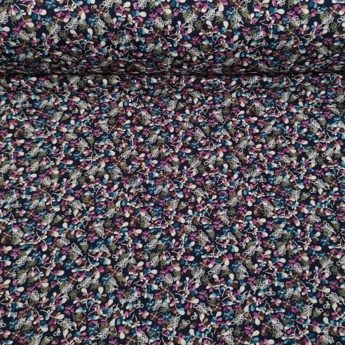 Karışık Çiçekler Ve Yapraklar Tek En Viskon Kumaş Mavi