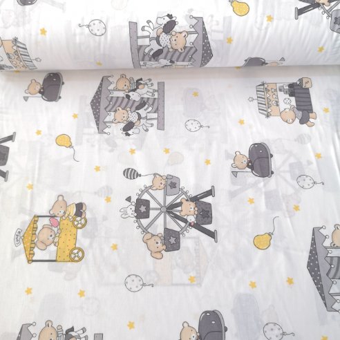 Dönme Dolaptaki Ayıcıklar Poplin Kumaş Gri