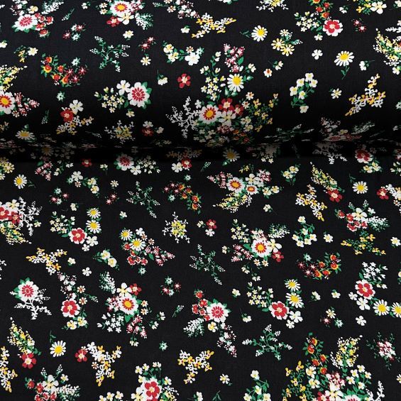 Papatya Dalları Viskon Kumaş Siyah