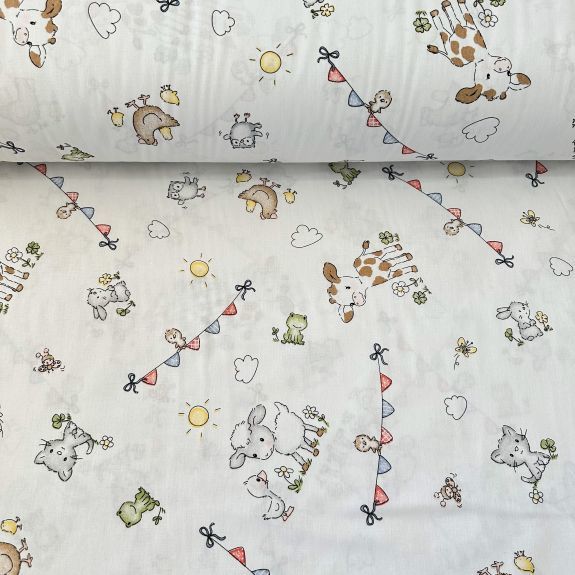 Çiftlik Hayvanları Poplin Kumaş Beyaz