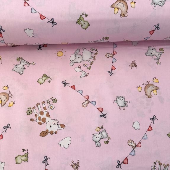 Çiftlik Hayvanları Poplin Kumaş Pembe