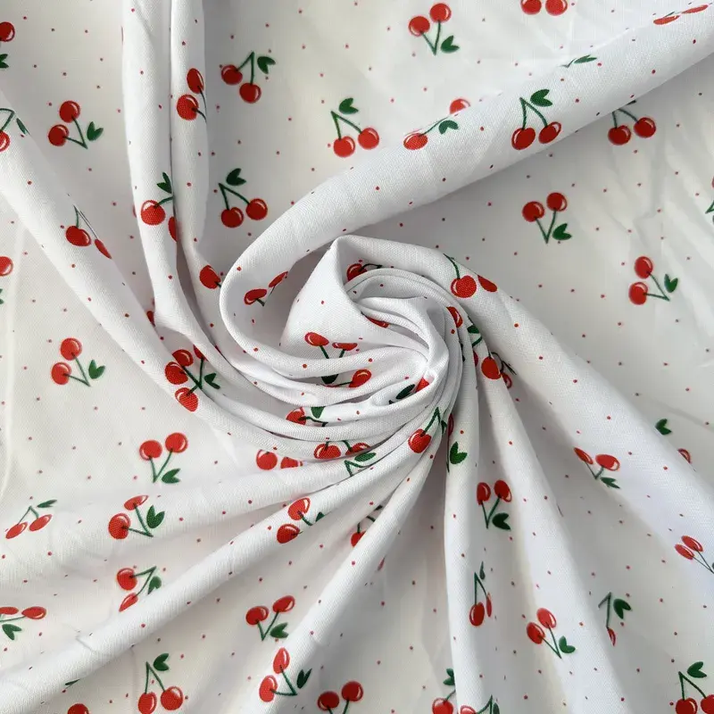 Kirazlı Likralı Poplin Kumaş Kırmızı