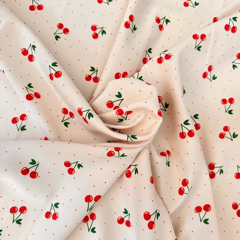 Kirazlı Likralı Poplin Kumaş Bej