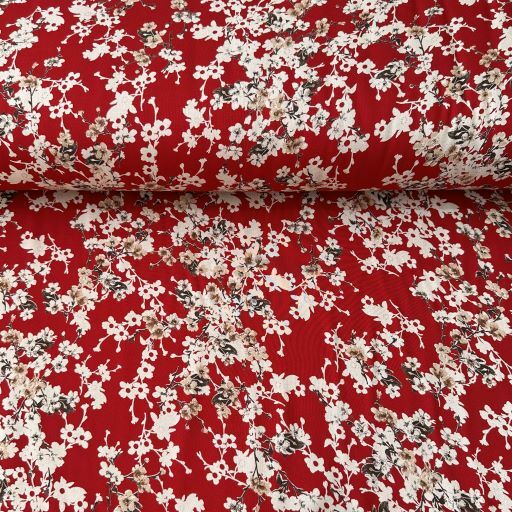 Krem Papatyalı Viskon Kumaş Kırmızı