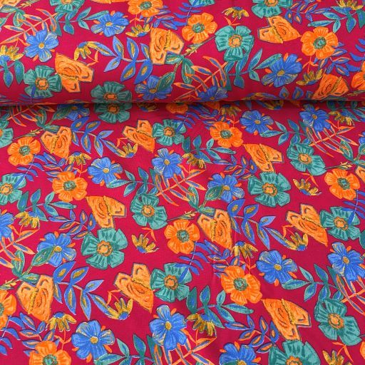 Bahar Çiçekleri Viskon Kumaş Fuşya