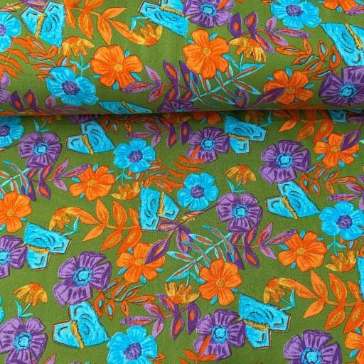 Bahar Çiçekleri Viskon Kumaş Yeşil