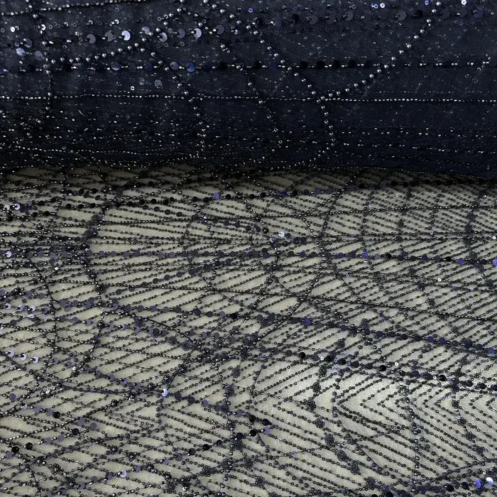 Lacivert Göz Yaşı Desenli Boncuklu Dantel