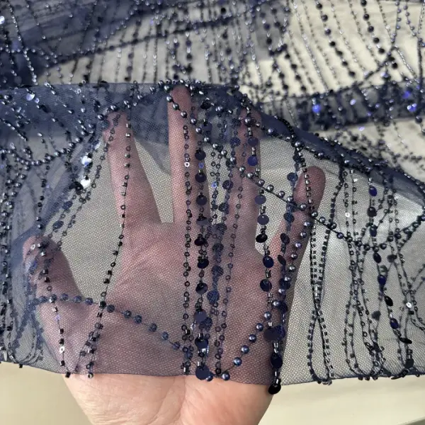 Lacivert Göz Yaşı Desenli Boncuklu Dantel