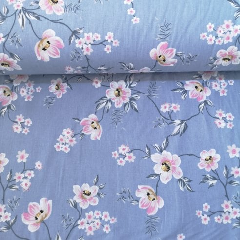 Bahar Papatyaları Poplin Kumaş Mavi