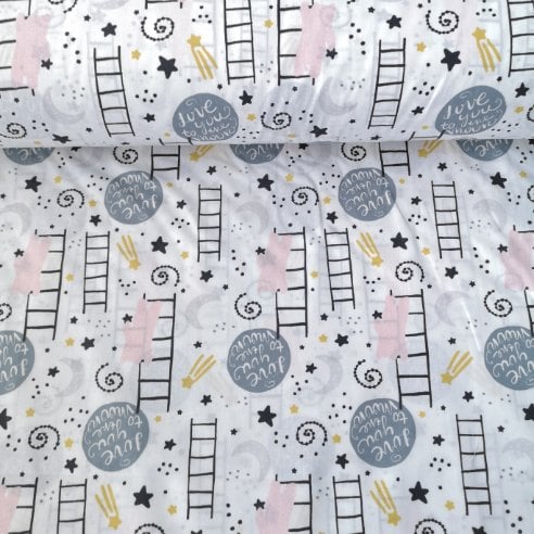 Yıldız Toplayan Ayıcık Poplin Kumaş Beyaz