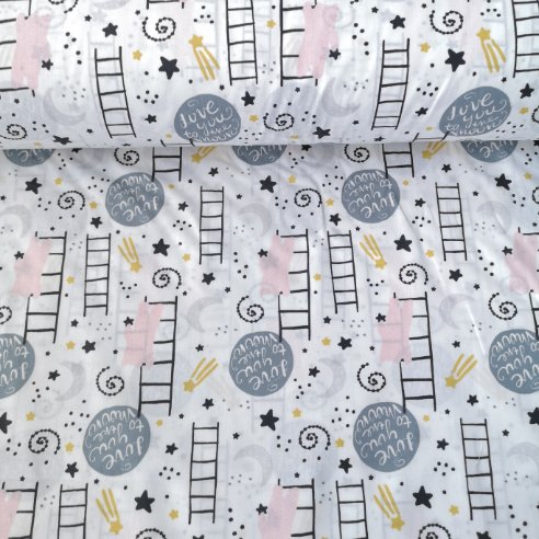 Yıldız Toplayan Ayıcık Poplin Kumaş Beyaz