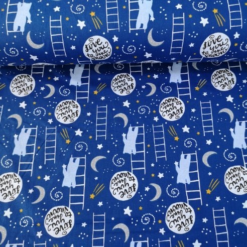 Yıldız Toplayan Ayıcık Poplin Kumaş Lacivert