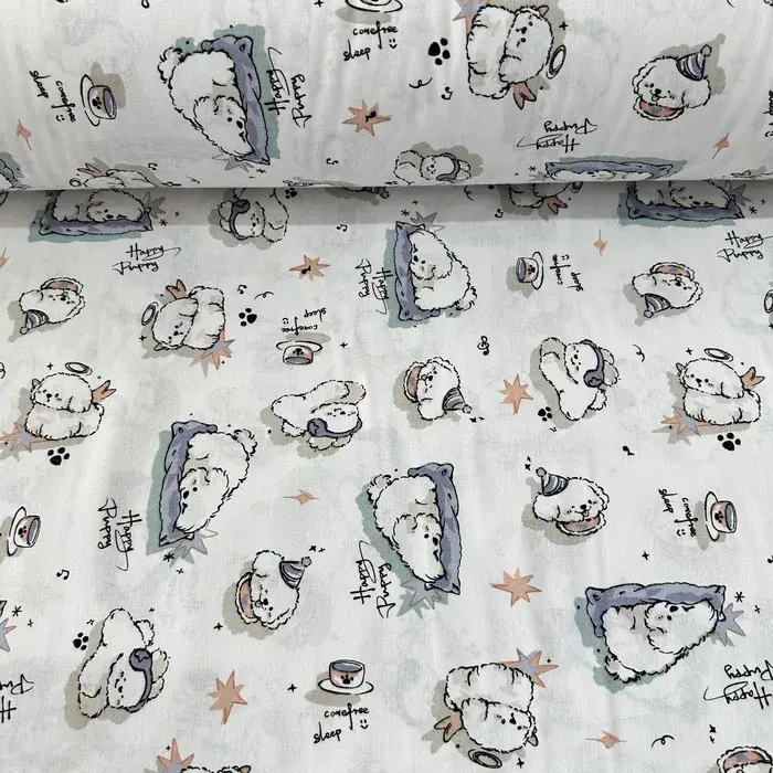 Sevimli Puppy Poplin Kumaş Mavi