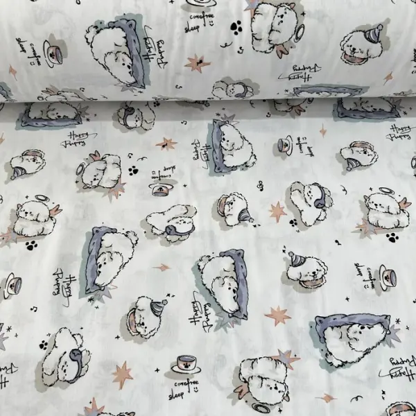 Sevimli Puppy Poplin Kumaş Mavi
