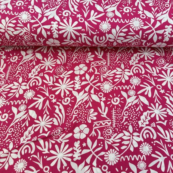 Beyaz Çiçekler Viskon Kumaş Pembe