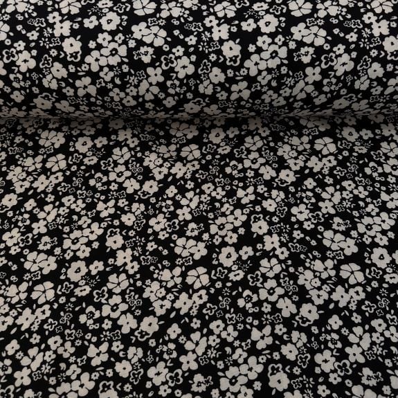 Geometrik Papatyalı Viskon Kumaş Siyah