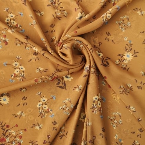 Buket Çiçekler Desenli Şifon Hardal