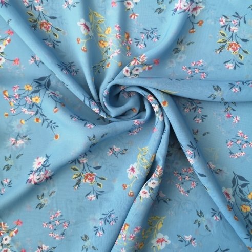 Buket Çiçekler Desenli Şifon Mavi