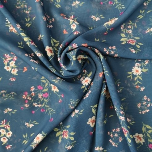 Buket Çiçekler Desenli Şifon Petrol