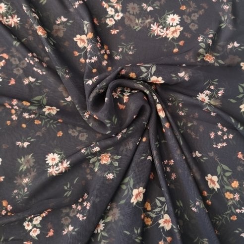 Buket Çiçekler Desenli Şifon Siyah