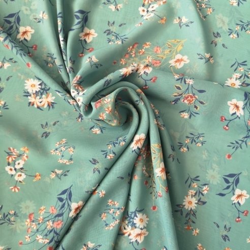 Buket Çiçekler Desenli Şifon Yeşil