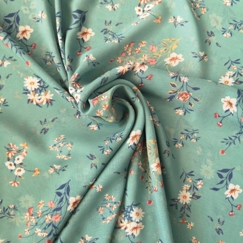 Buket Çiçekler Desenli Şifon Yeşil