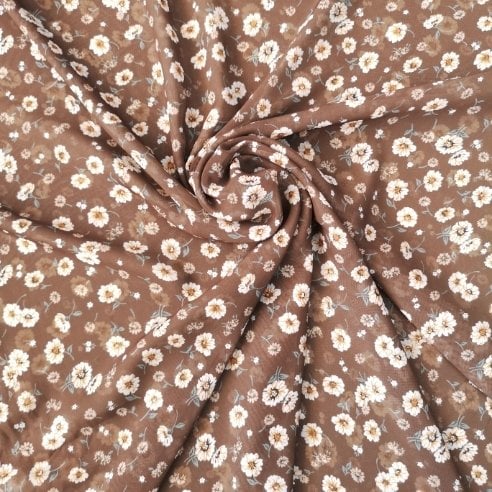 Papatyalı Desenli Şifon Kahverengi