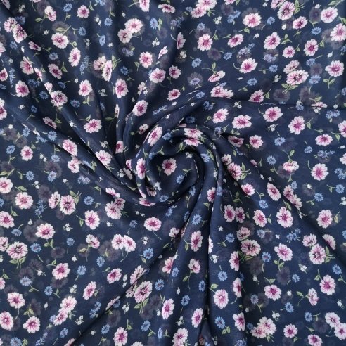 Papatyalı Desenli Şifon Lacivert