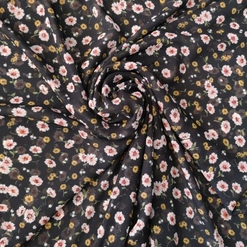 Papatyalı Desenli Şifon Siyah