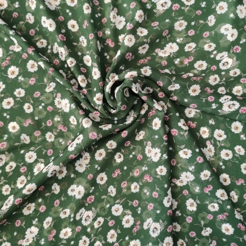 Papatyalı Desenli Şifon Zümrüt Yeşili